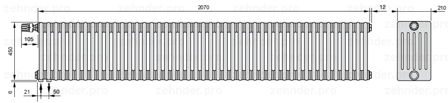 Схема (чертеж) Радиатор Zehnder Charleston 6045/45 №V001 Белый глянцевый RAL 9016
